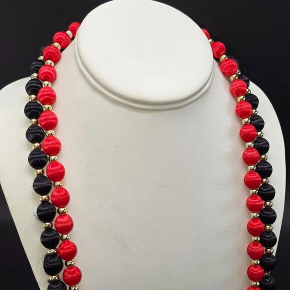 Vintage Red & Black Satin Thread Beaded Necklaces With Gold-Tone Accents HS200 - Picture 2 of 5